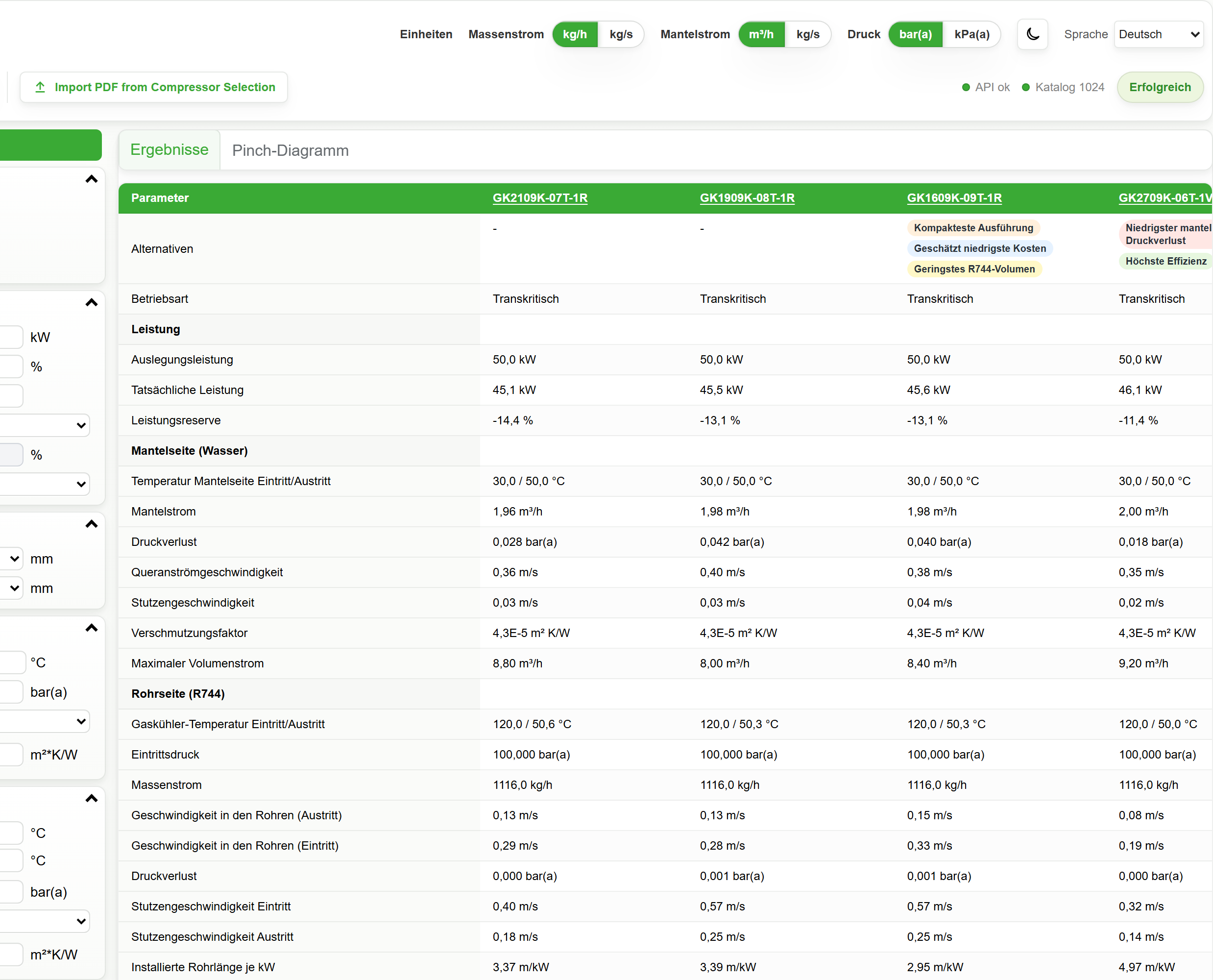 BITZER Gascooler Tool mit Berechnungsergebnissen, Alternativen und hydraulischen Daten