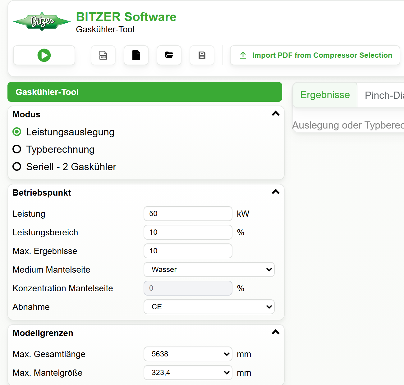 BITZER Gascooler Tool auf Deutsch mit Leistungsauslegung, Typberechnung und Seriell – 2 Gaskühler