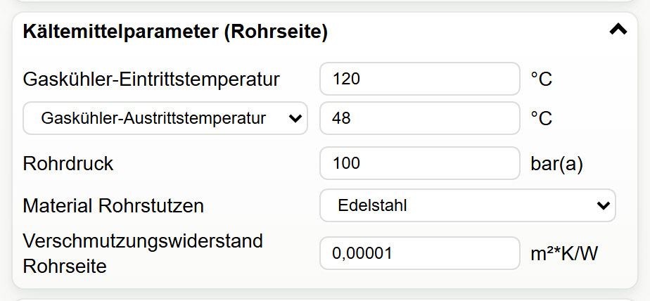 BITZER Gascooler Tool mit R744-Betriebsbedingungen auf der Rohrseite