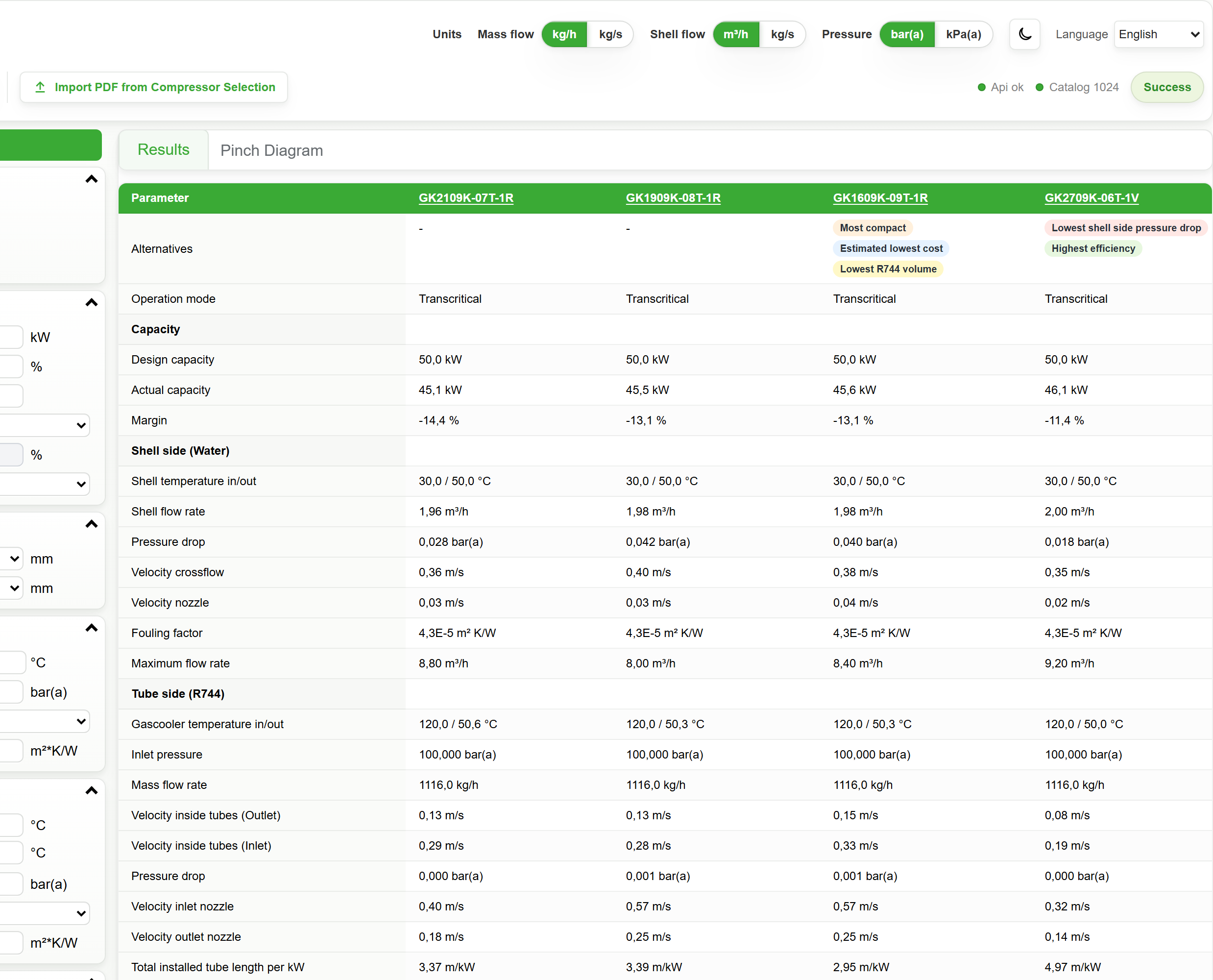 BITZER Gascooler Tool calculation results with design alternatives and hydraulic data