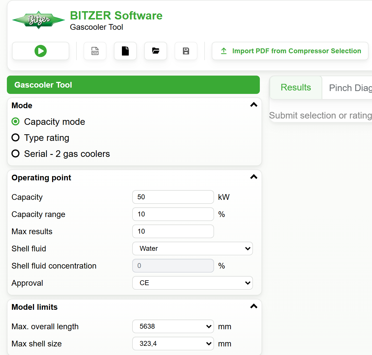 BITZER Gascooler Tool mode selection with Capacity mode, Type rating and Serial – 2 gas coolers
