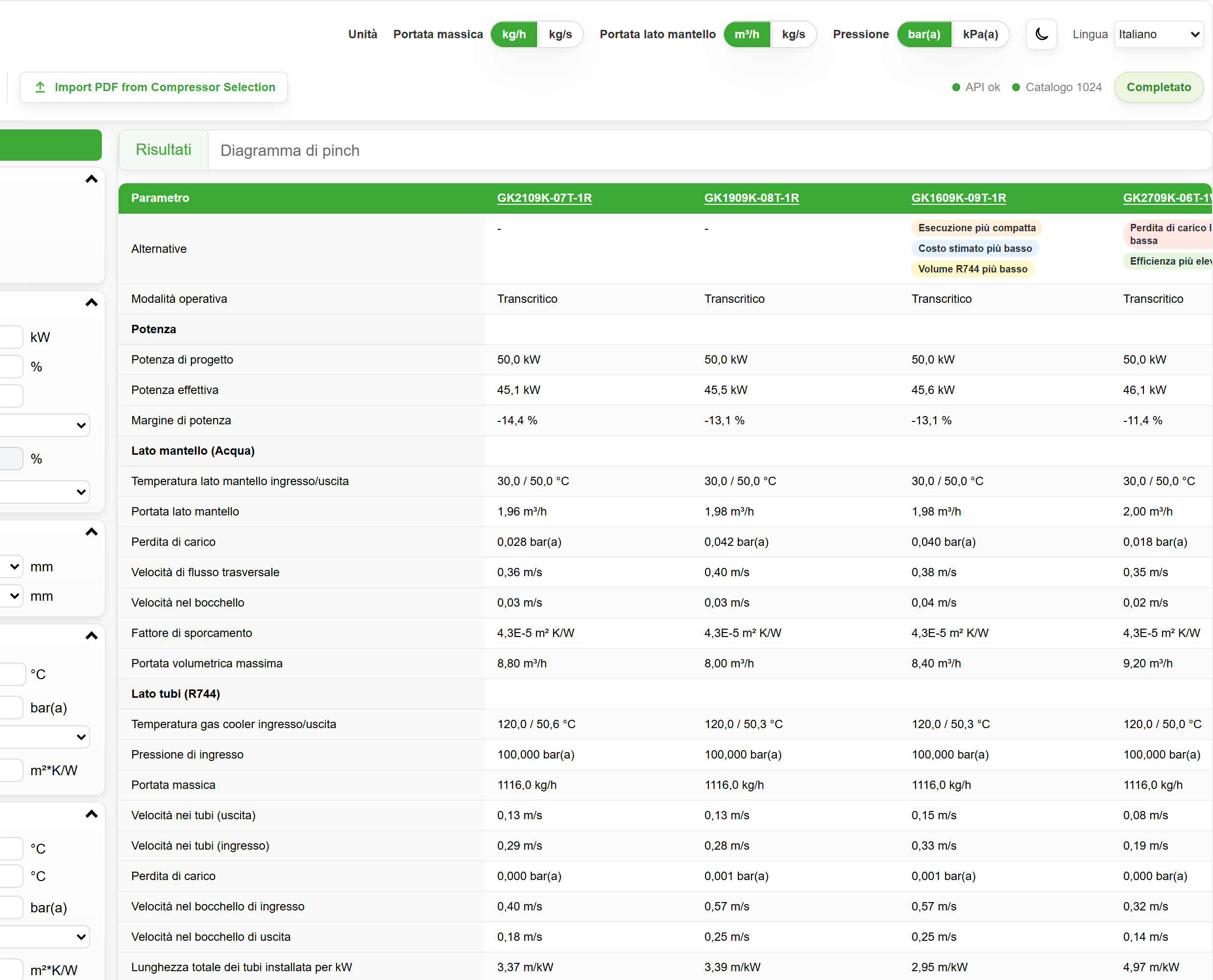 BITZER Gascooler Tool con risultati di calcolo, alternative e dati idraulici