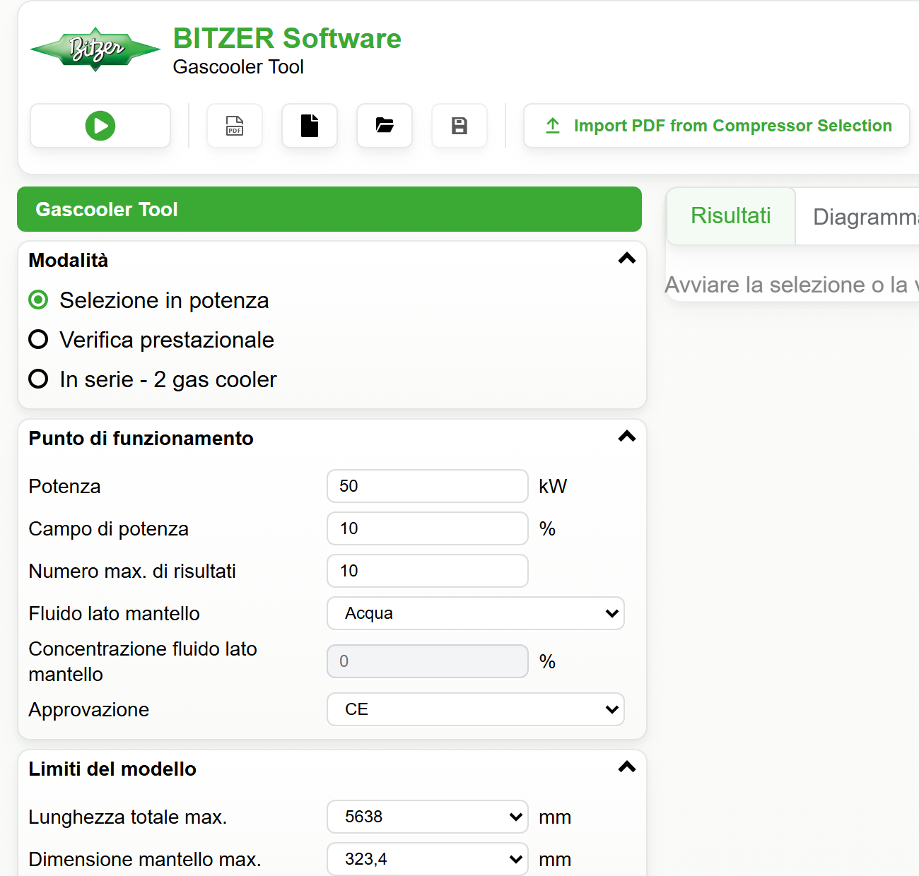 BITZER Gascooler Tool in italiano con le modalità Selezione in potenza, Verifica prestazionale e In serie – 2 gas cooler